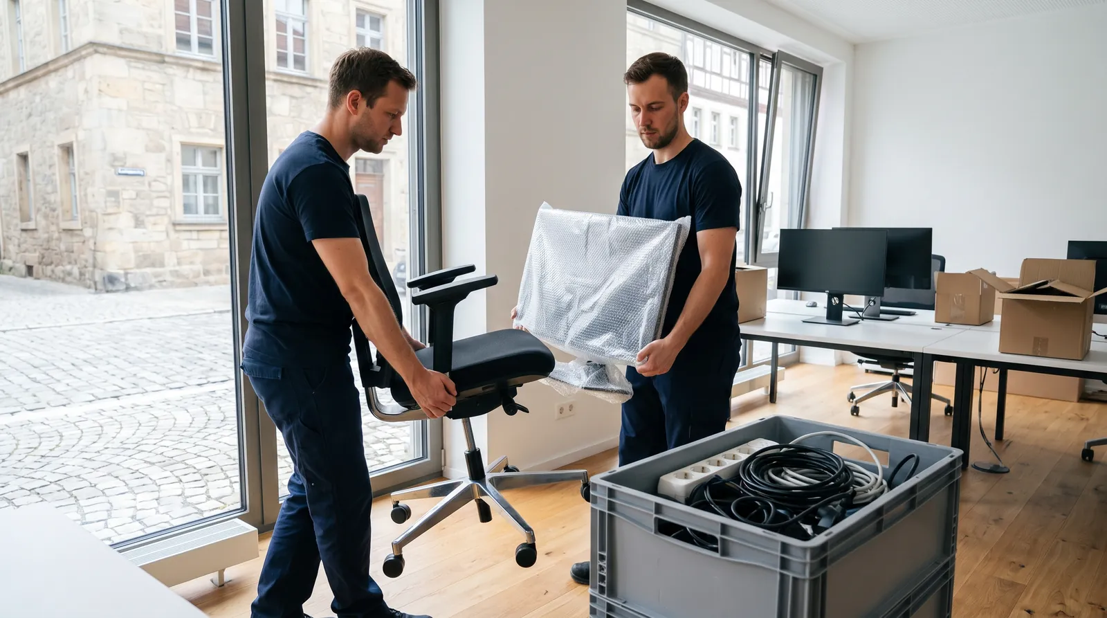 Umzugshelfer tragen Bürostuhl und Monitor durch ein Büro (KI-generierte Illustration)