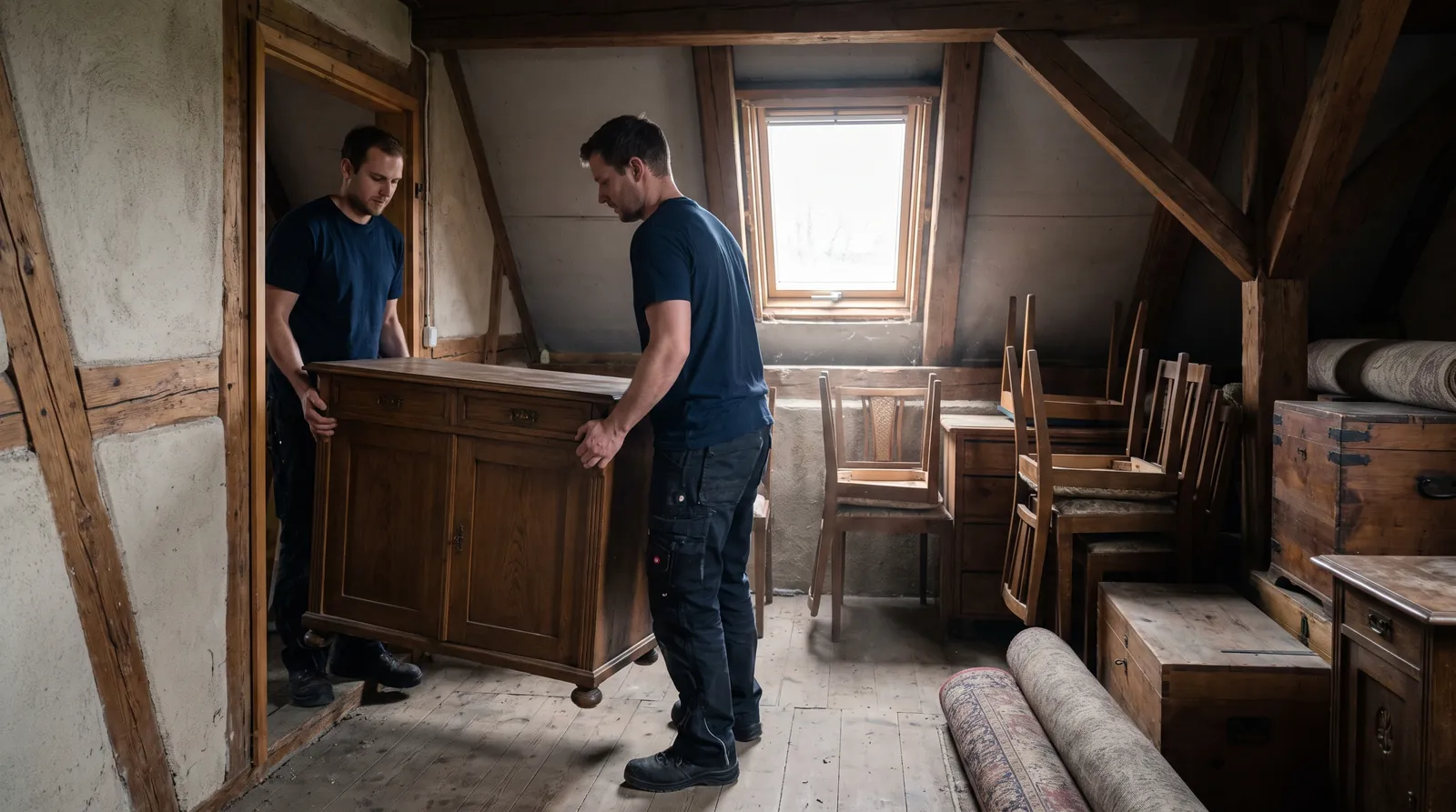 Zwei Helfer tragen einen alten Schrank vom Dachboden (KI-generierte Illustration)