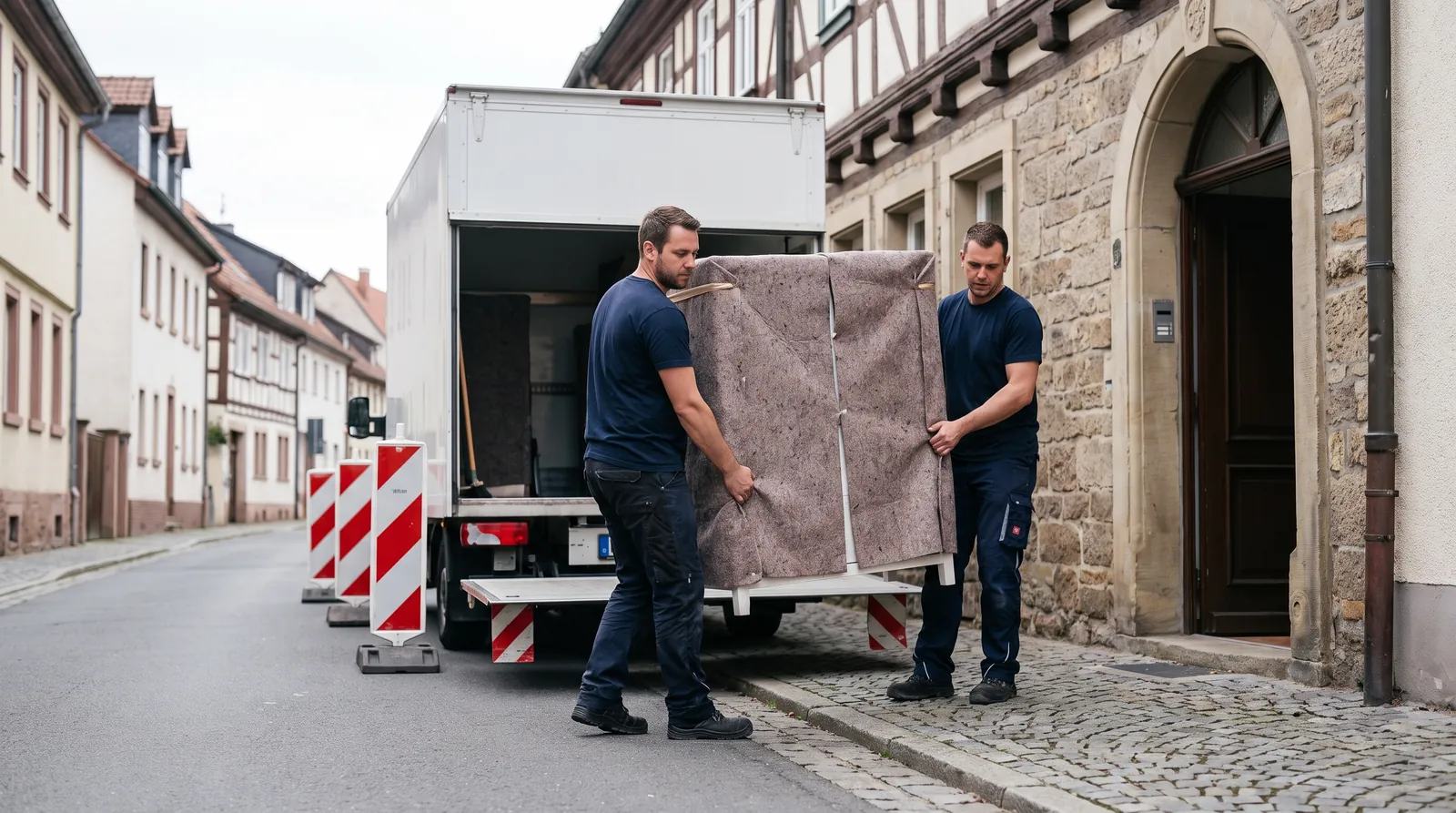 Umzugs-LKW in einer Altstadtstraße mit abgesperrter Ladezone (KI-generierte Illustration)