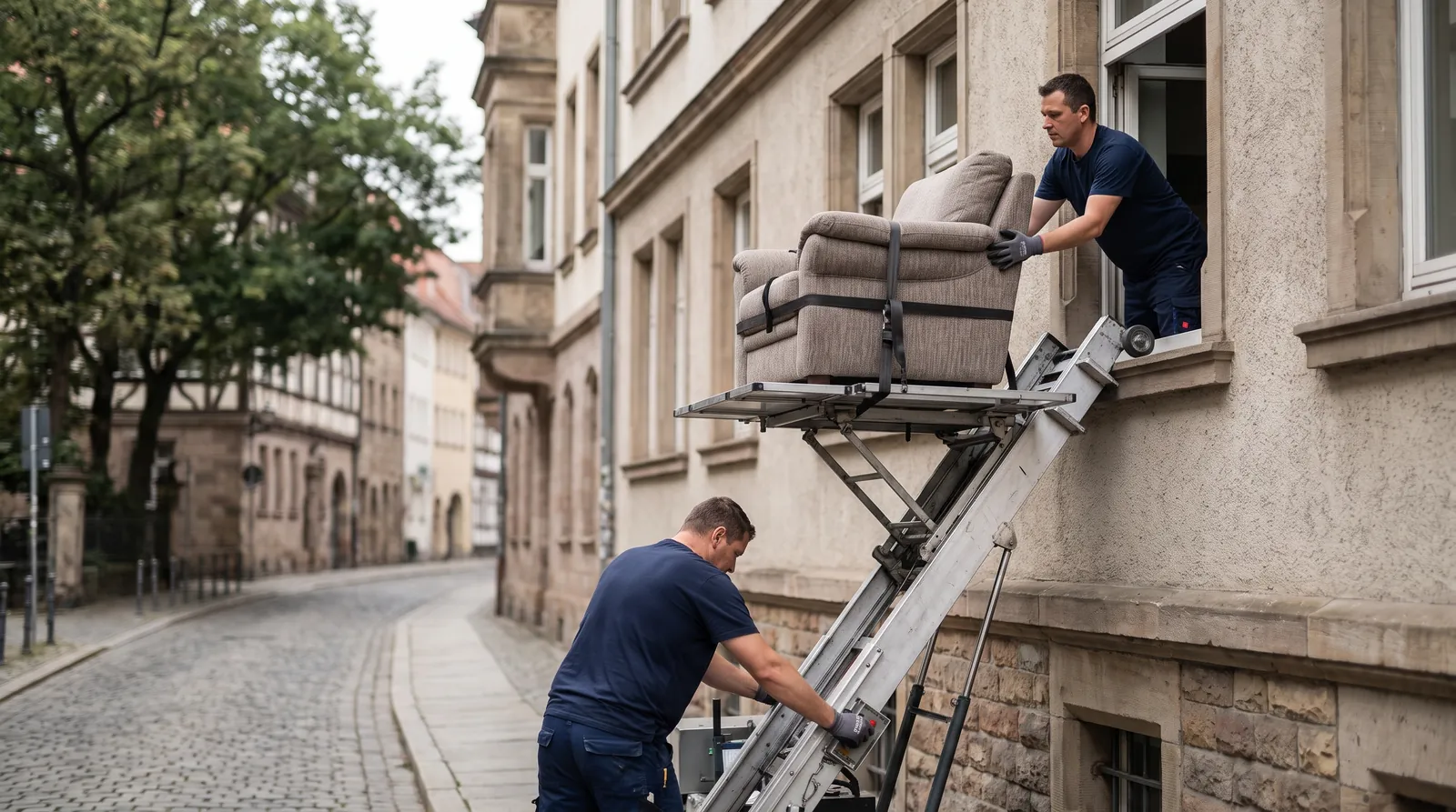 Möbellift an einer Hausfassade mit Sessel auf der Plattform (KI-generierte Illustration)