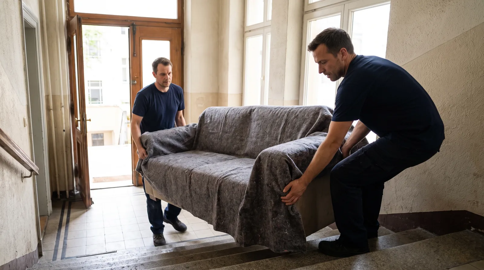 Umzugsteam trägt ein in Decken gehülltes Sofa durchs Treppenhaus (KI-generierte Illustration)
