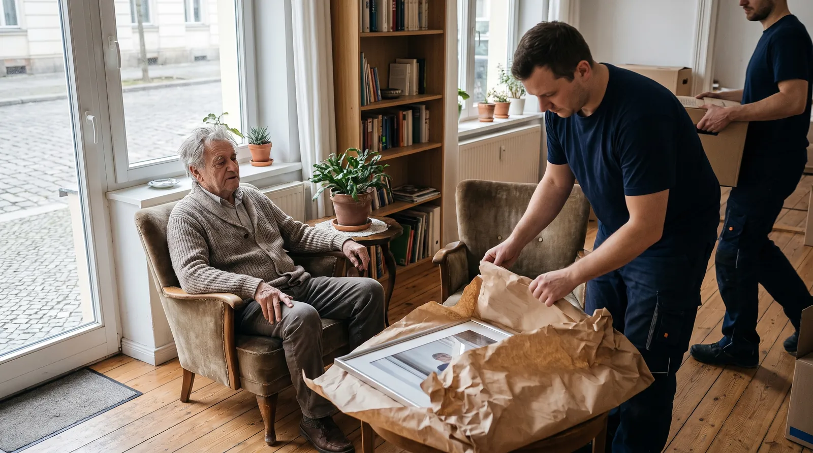 Umzugshelfer verpackt behutsam ein Familienfoto neben einem Senior (KI-generierte Illustration)