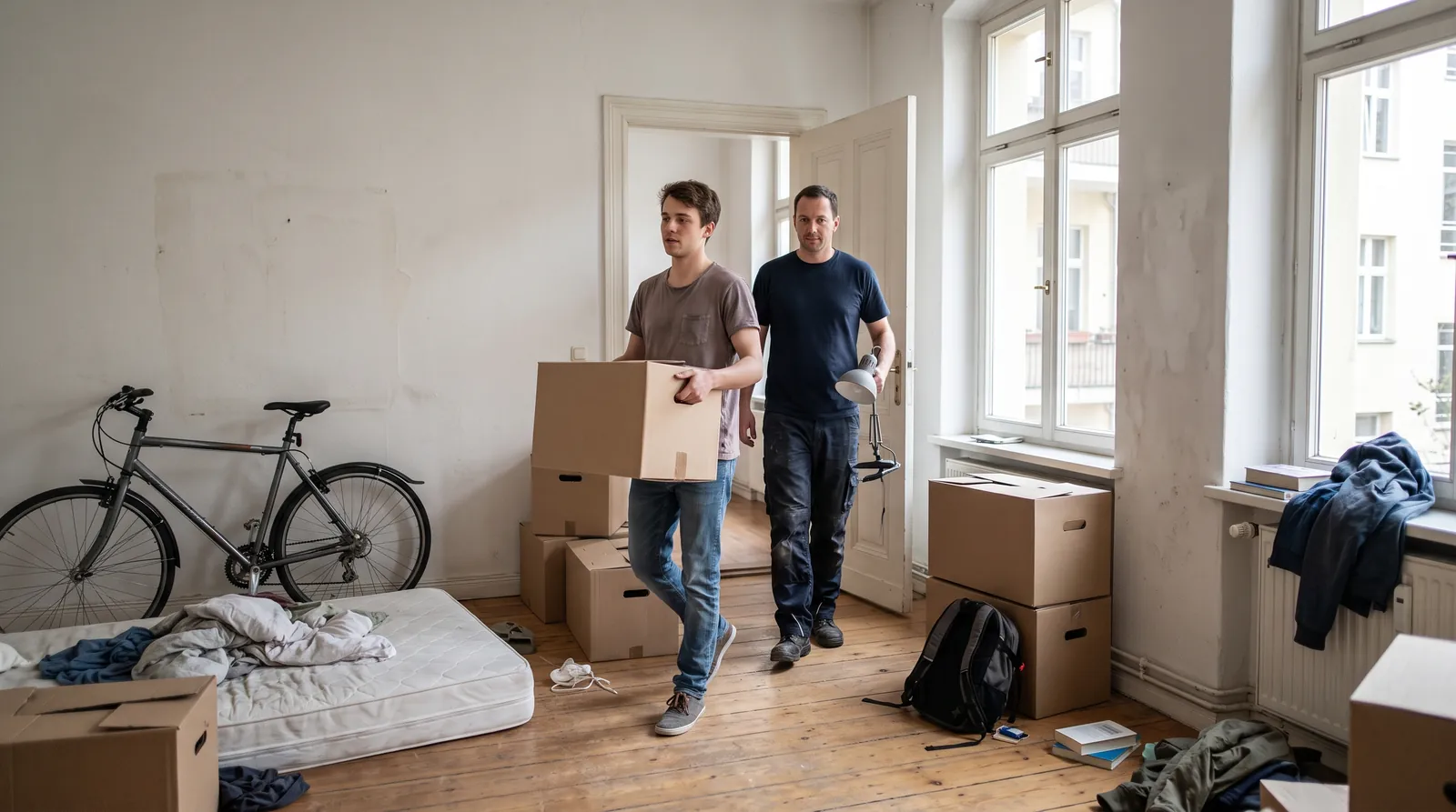 Student zieht mit wenigen Kartons in eine kleine Wohnung (KI-generierte Illustration)