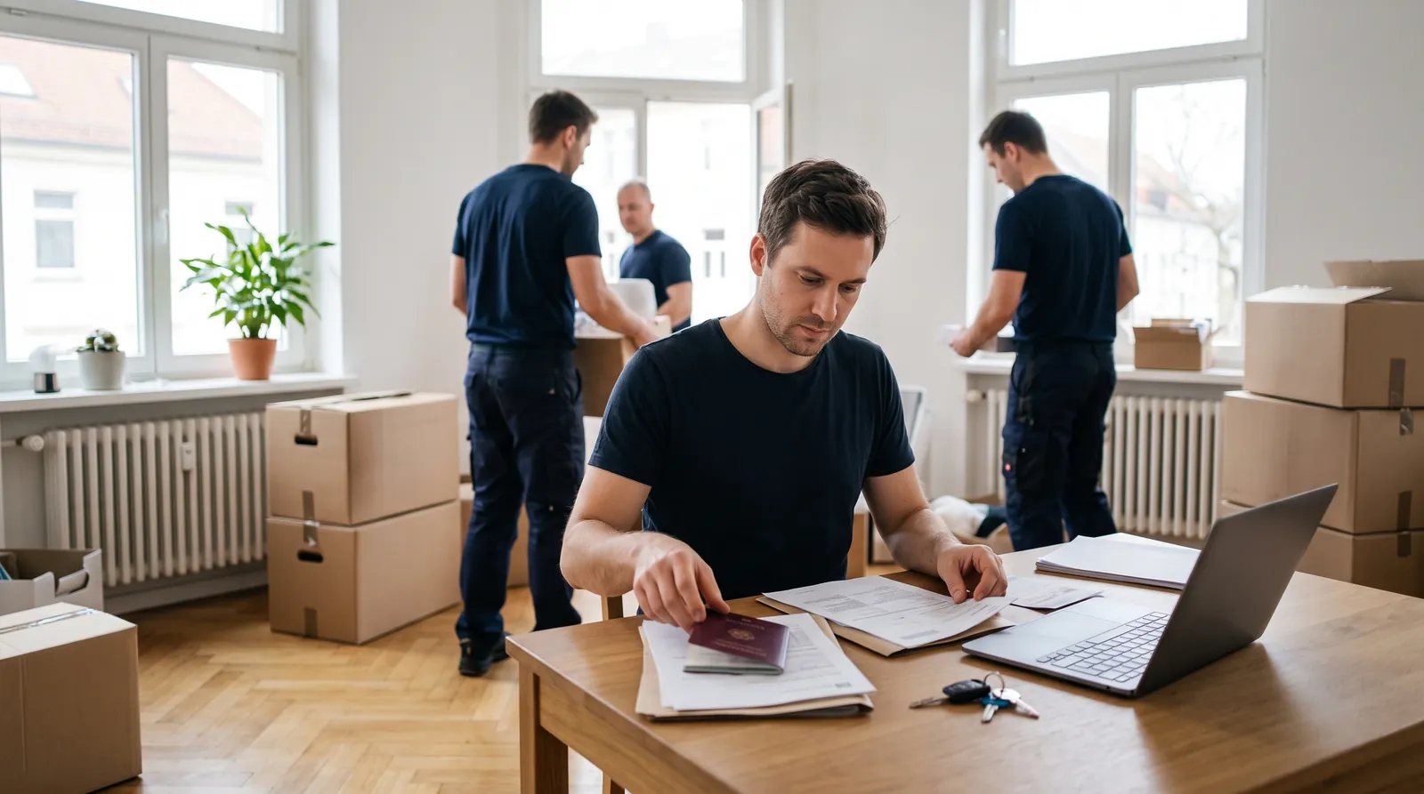 Mann sortiert Unterlagen für die Ummeldung in der neuen Wohnung (KI-generierte Illustration)