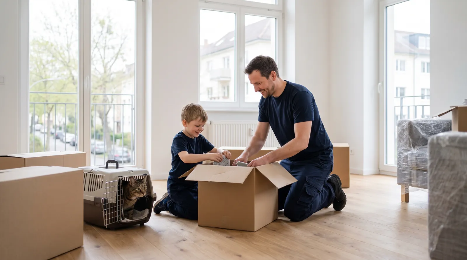 Vater und Sohn packen Kartons aus, daneben eine Katze in der Transportbox (KI-generierte Illustration)