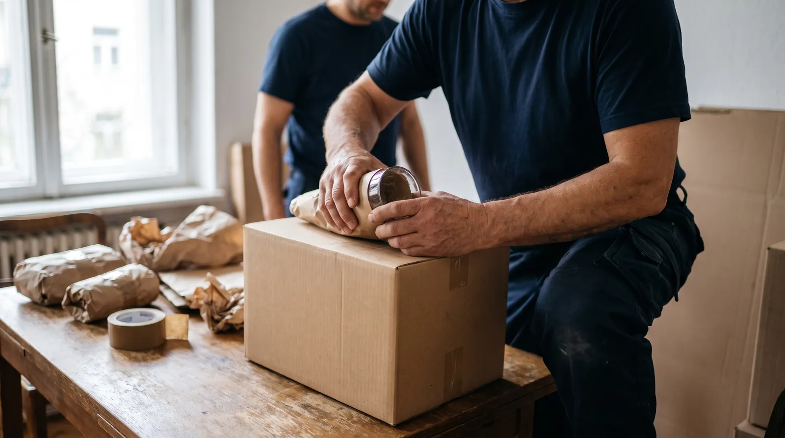 Gläser werden in Packpapier gewickelt und in einen Umzugskarton gestellt (KI-generierte Illustration)