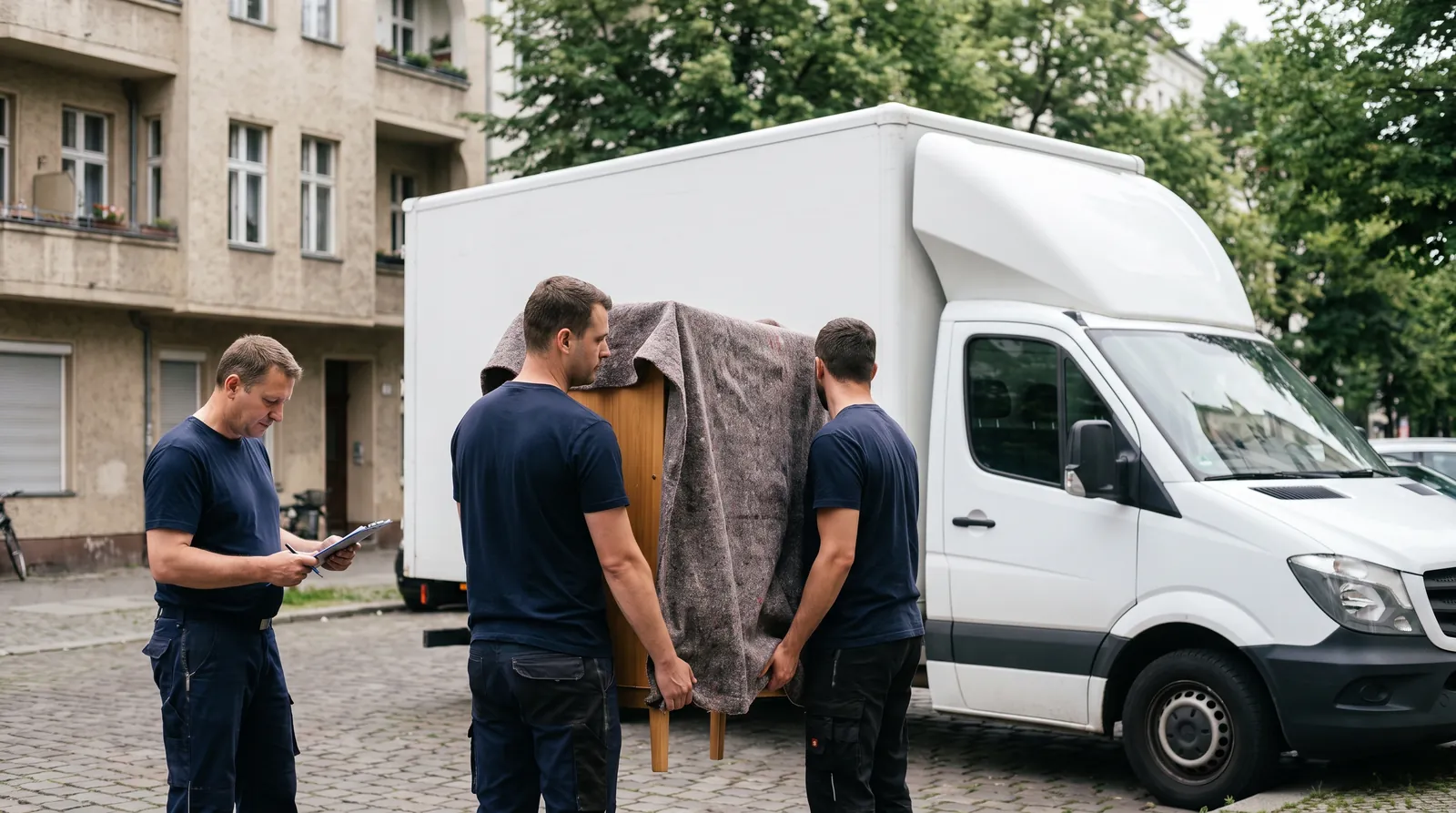 Umzugsteam belädt einen Umzugs-LKW vor einem Wohnhaus (KI-generierte Illustration)