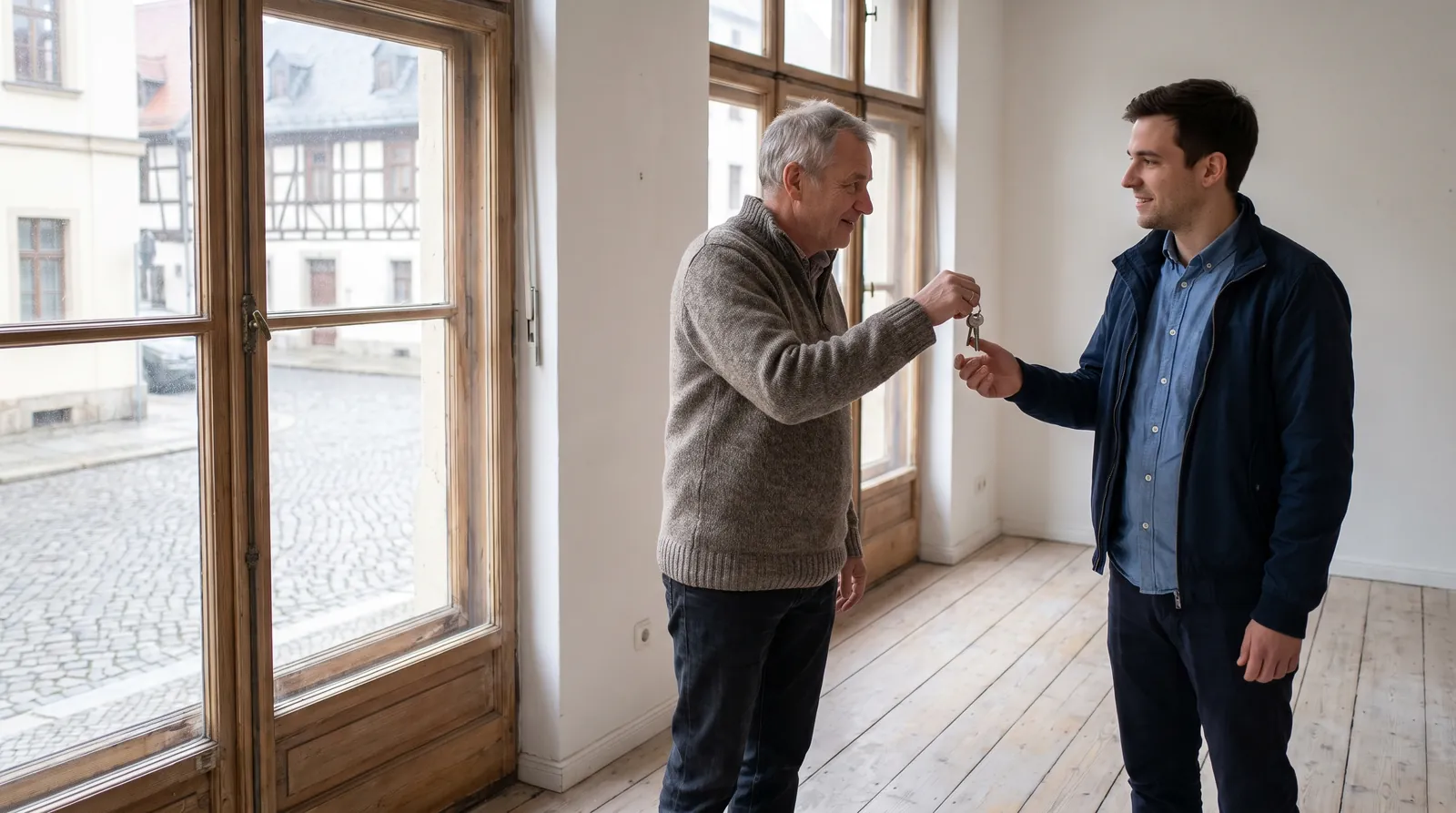 Schlüsselübergabe in einer leeren, gereinigten Wohnung (KI-generierte Illustration)